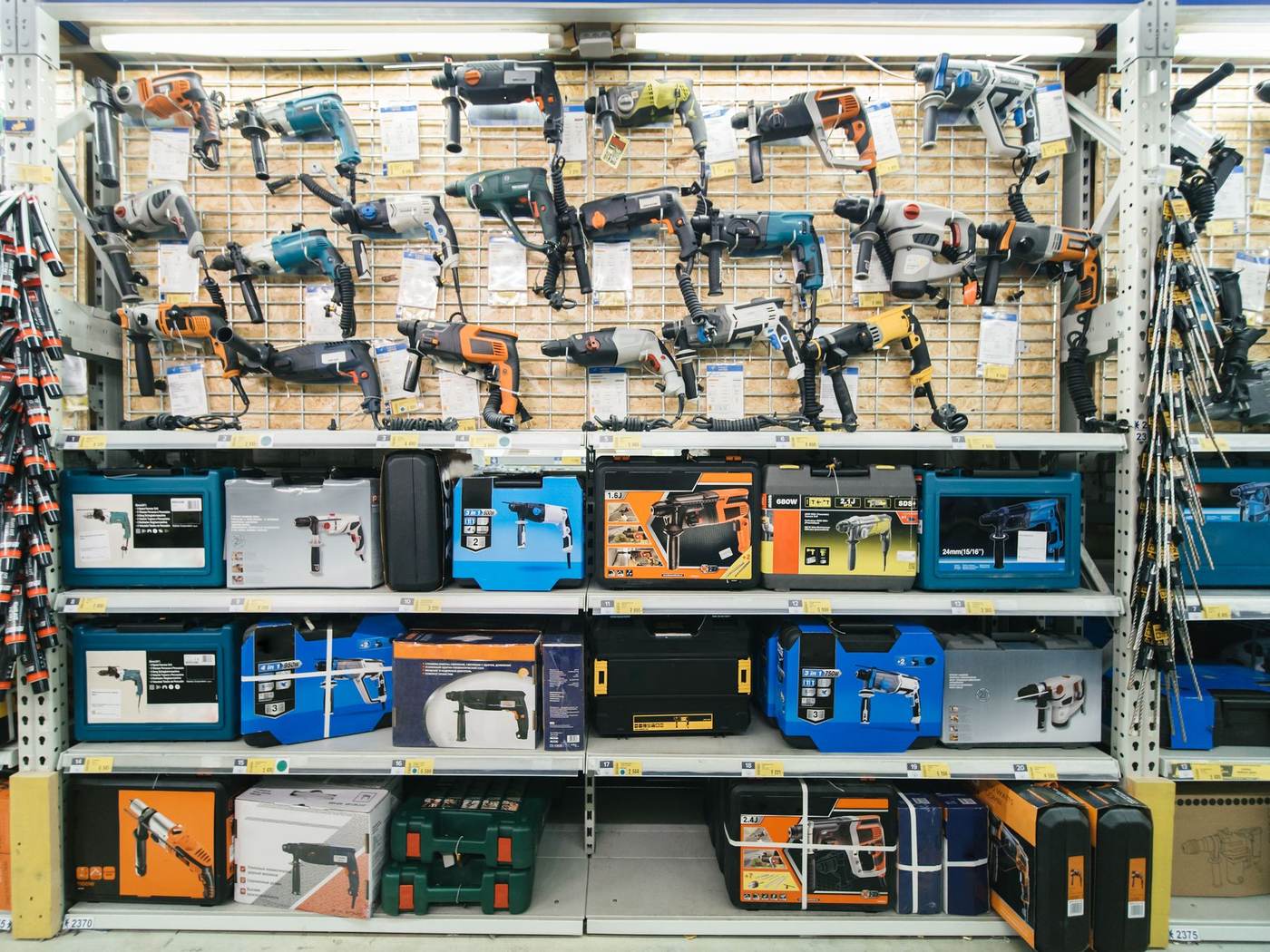 Rows of power tools stocked on shelving at Teck Meng's warehouse